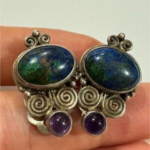 Vintage 925 Sterling silver Sajen chrysocolla and amethyst clip on earrings